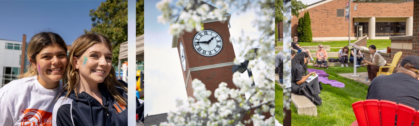 students at homecoming, a class being held outside, and the Abbott Center clock tower